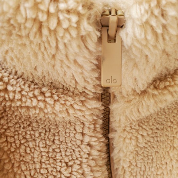 ALO Camel Faux Sherpa Snap Zip Closure Drop Shoulder Relaxed Fit Varsity Jacket - Picture 3 of 15